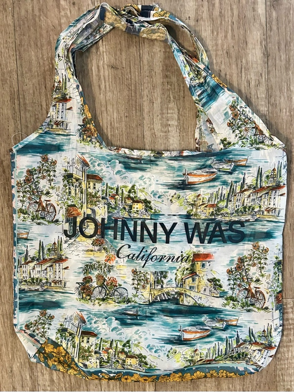 JOHNNY WAS Reusable Scenic California Nylon Shopping Bag Pocket Tote Bikes Boats